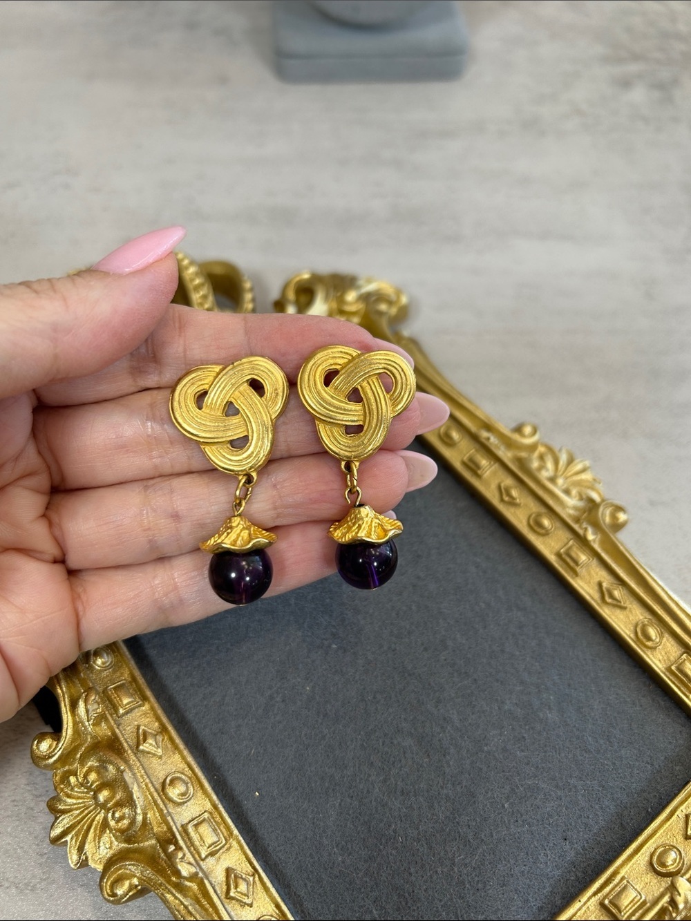 Elegant Matte Gold-Tone Knot Drop Earrings with Deep Purple Beads